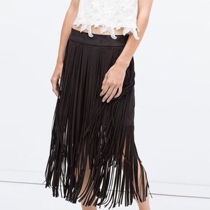 Zara black suede fringed midi skirt